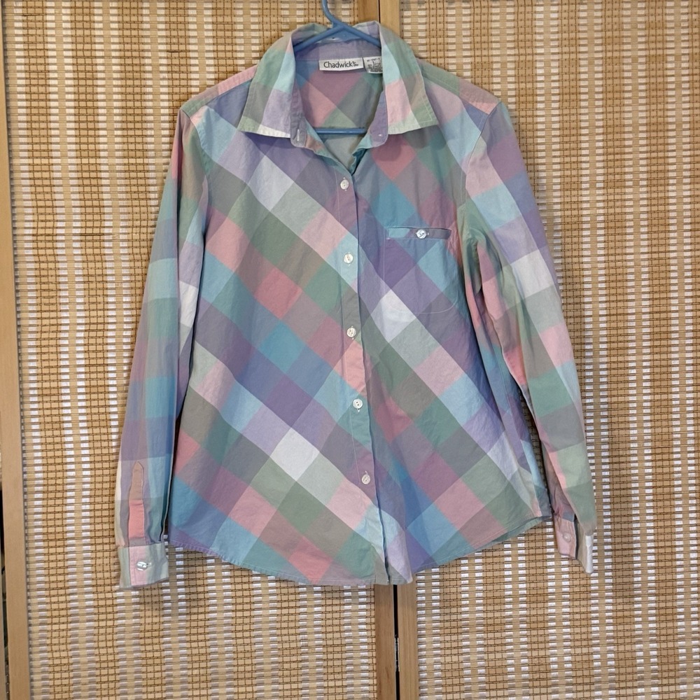 Chadwick's Womens L Shirt Long Sleeve Button Up Multicolor Check Preppy Club